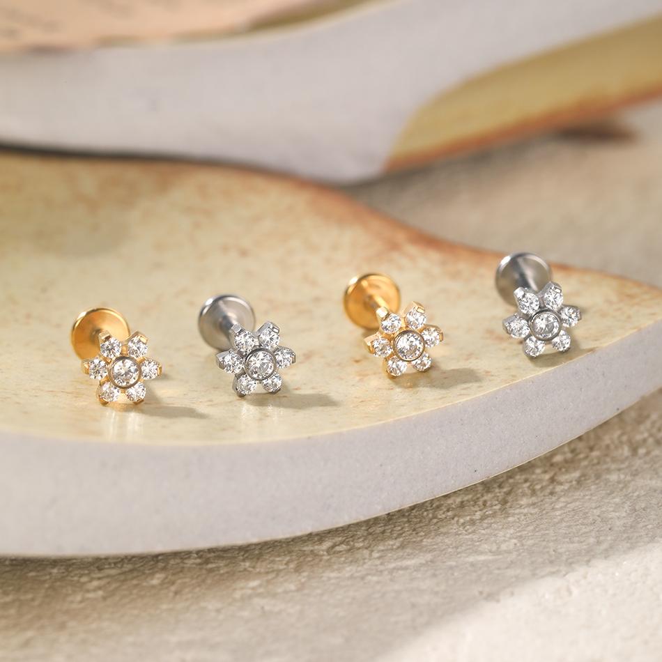 1 Stuks Titanium Oor Kraakbeen Stud Oorbellen voor Vrouwen Interne Schroefdraad Zirconia Bloem Oorlel Tragus Helix Lip Ringen Sieraden 16G