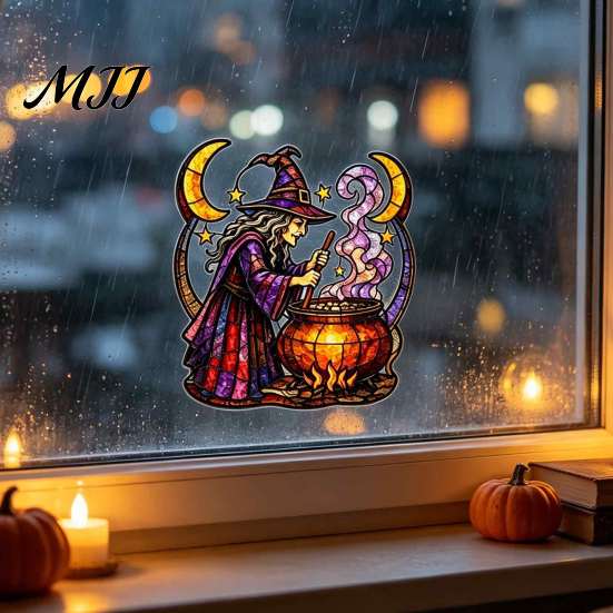 Spooky Home Window Ornaments Halloween Witch And Medicine Cauldron Sticker, Stained Glass Effect PVC Decal Removable Party Supplies for Doors