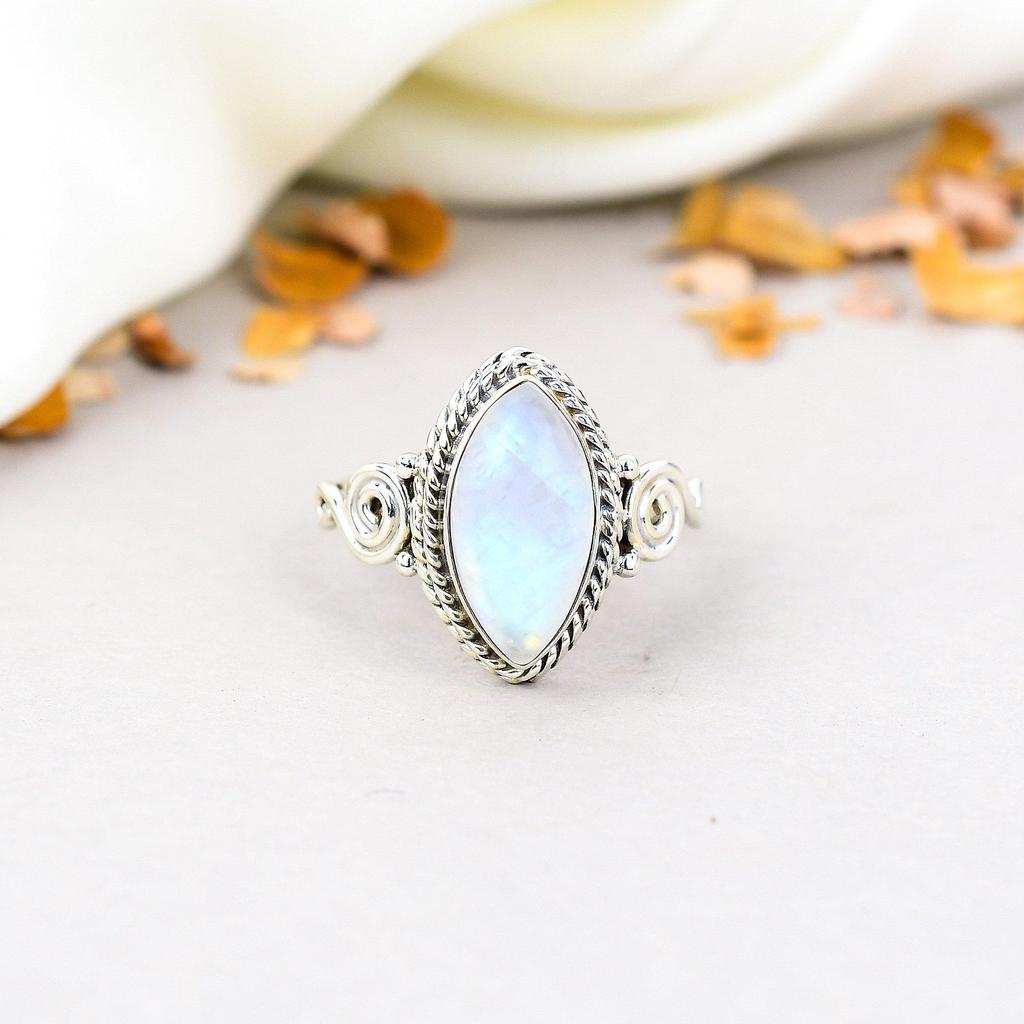 Rainbow Moonstone 925 Sterling Silver Marquise Gemstone Boho style Handmade Ring For Women
