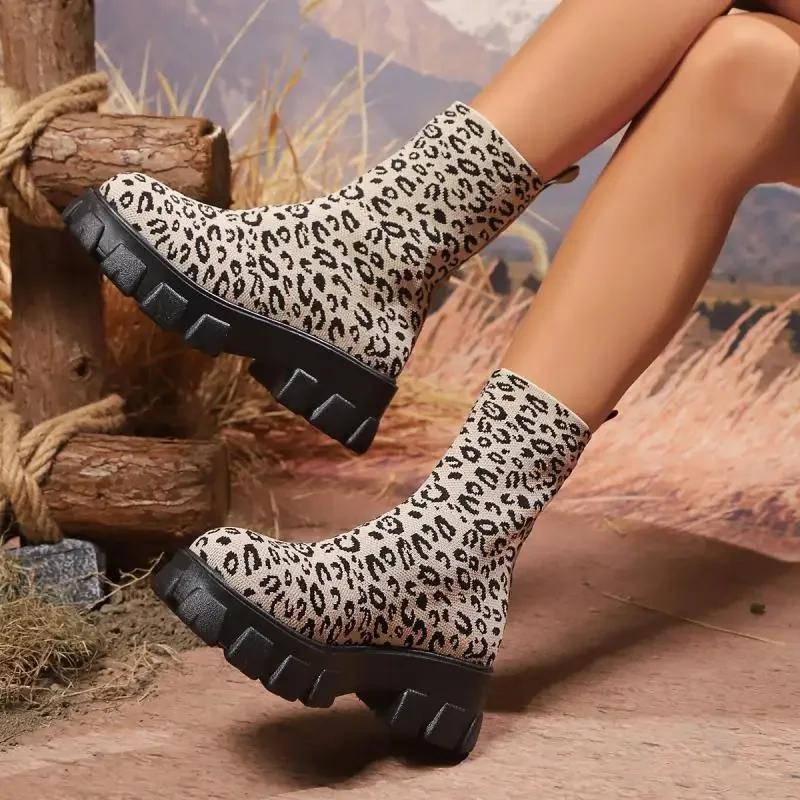 Leopard Thick Bottom Platform Ankle Boots Autumn New Stretch Fabric Non Slip Women Boots Comfort Back Zipper Woman Shoes