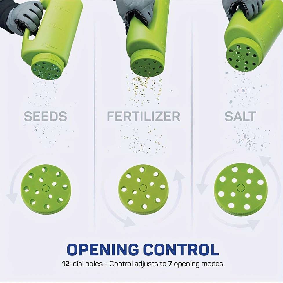 Handheld Multi-Purpose Spreader - Adjustable Dial, 7 Opening Modes, for Seeds, Fertilizer, Salt | Includes Scoop
