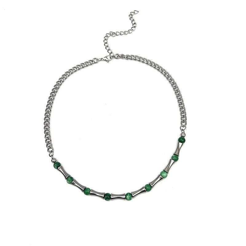 Handcrafted Stainless Steel Pendant Necklace Featuring Bamboo Chain And Green Stone For Gift