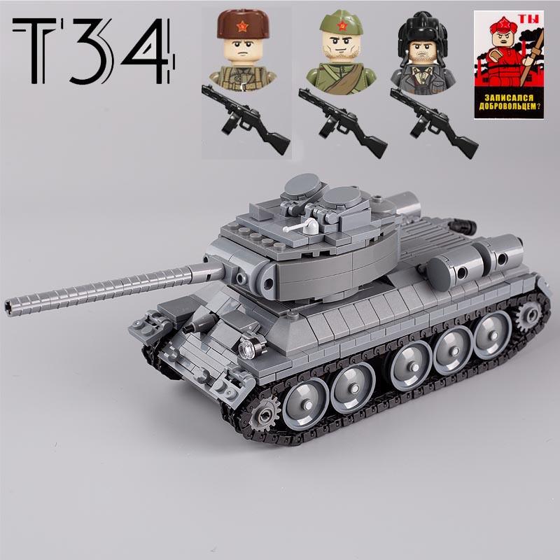 WW2 Military Soviet T34 Battle Tank Building Blocks Soldier Figures Army Weapons Guns PPSH Rifle Parts Mini Bricks DIY Kids Toys