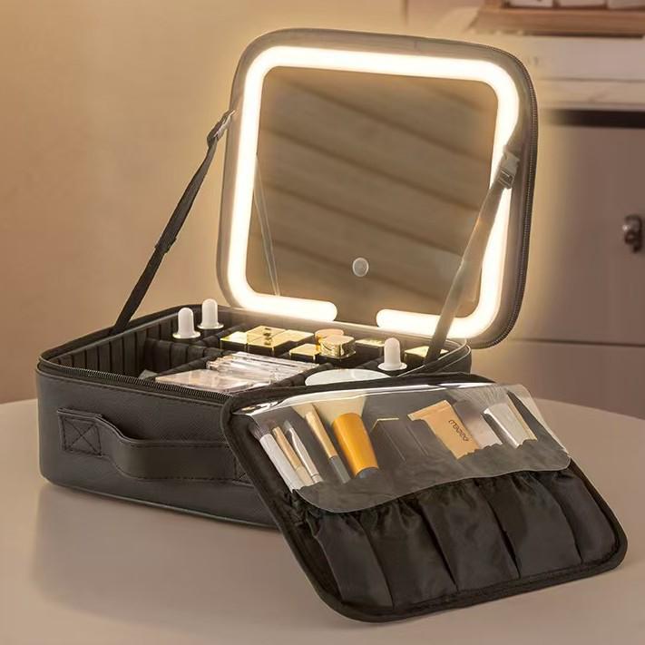 Women's Professional LED Mirror Makeup Box - Large Capacity Portable Cosmetic Storage Bag