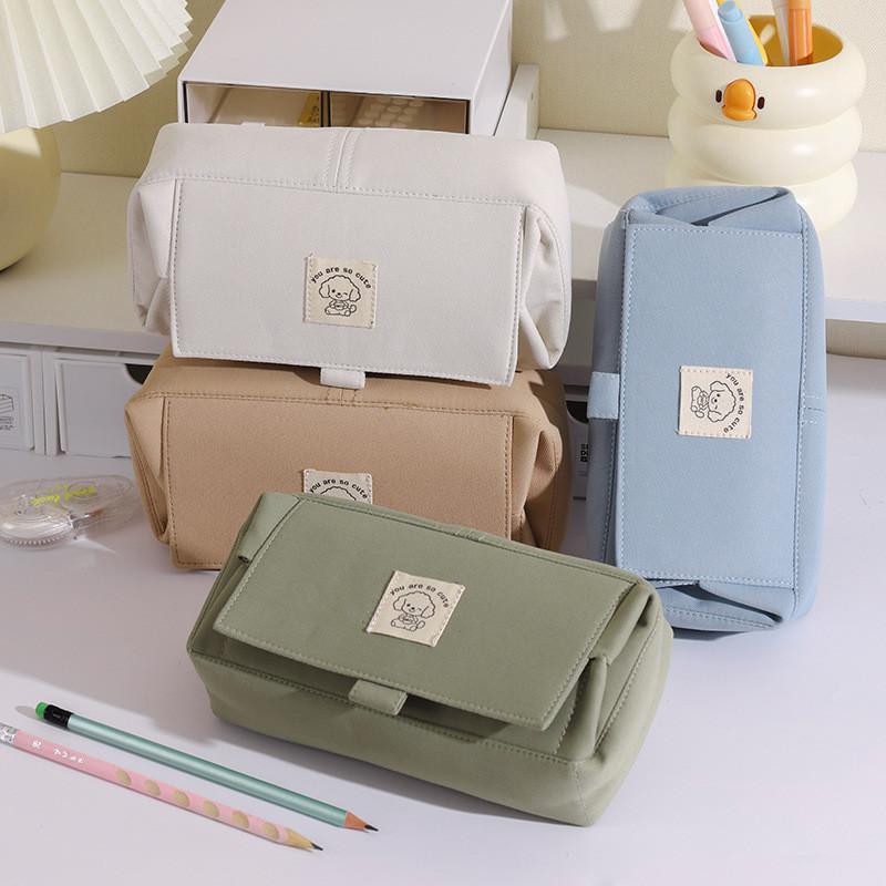 Canvas Double Layer Pencil Case With Large Capacity And Magic Tape For Students