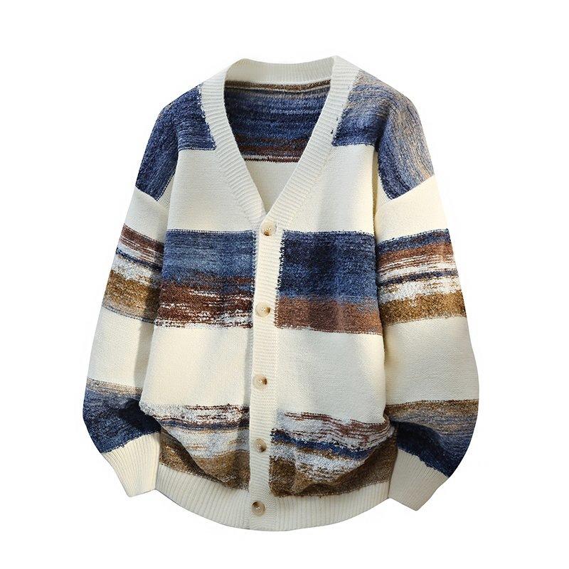 Mens Striped Chunky Cardigan Sweaters Button Up Fall Trendy Color Block Long Sleeve Knit Sweater Coats