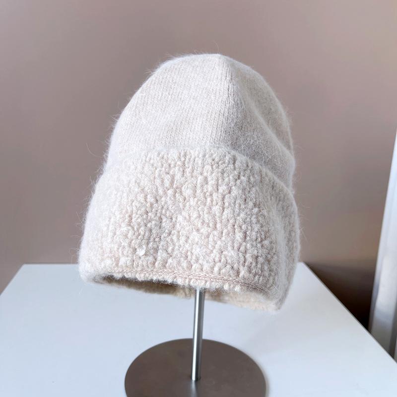 Circle yarn rabbit hair knitted wool hat female autumn and winter show a small face, keep warm and cold, ear protection, pullover hat, fluffy hat