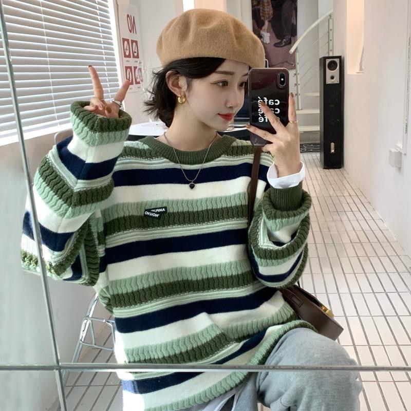 Women Striped Knitted Sweater Autumn Winter Warm Pullovers Oversized Sweaters Unisex Casual Loose Jumper Teen Streetwear