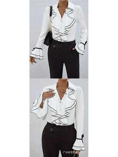 2026 European & American Women's Solid Color Ruffle Flare Sleeve Shirt