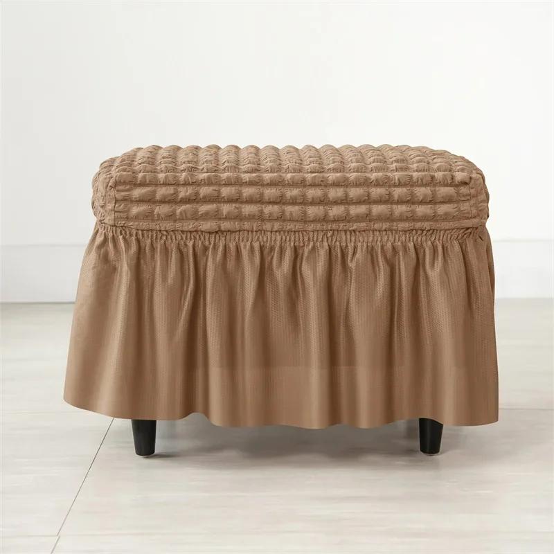 Fußhocker-Rockbezug, Seersucker, strapazierfähiger, dehnbarer Ottoman-Bezug, einfarbig, rutschfester Spandex-Fußstützen-Schonbezug für das Wohnzimmer