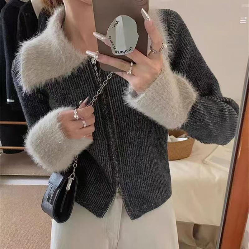 Женский осенне-зимний вязаный кардиган с отворотом и молнией one size fits all темно-серого