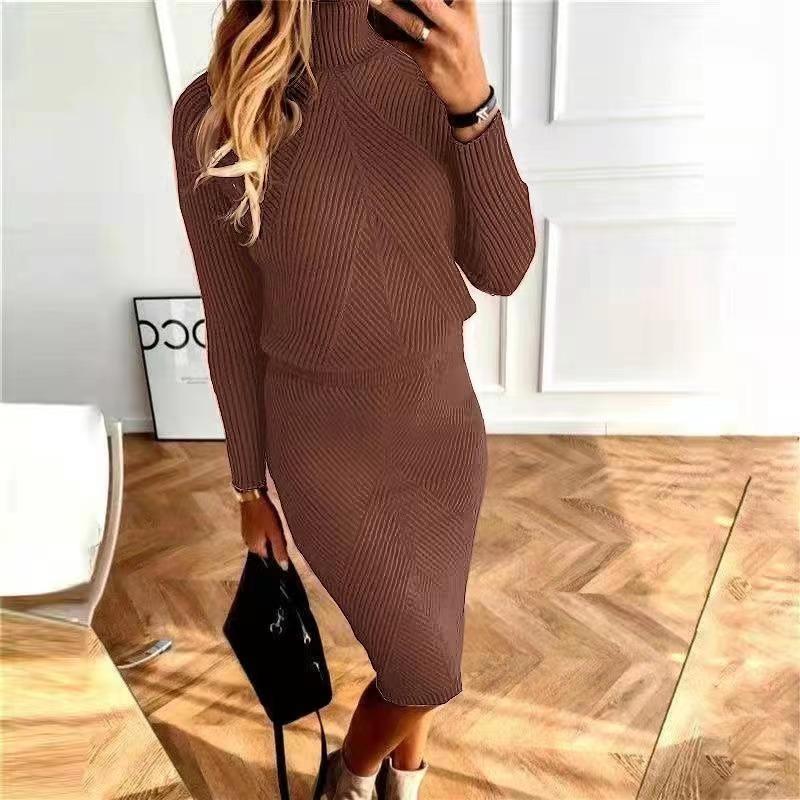 Herbst frauen Stricken Kostüm Rollkragen Einfarbig Pullover Pullover + Schlank Rock Zwei-Stück Set