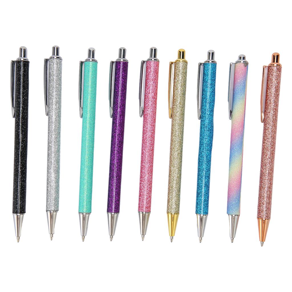 9Pcs Ball Point Pen Black Refill Glitter Style Pocket Clip Metal Tip Smoothing Writing Pens for Shcool Office Business