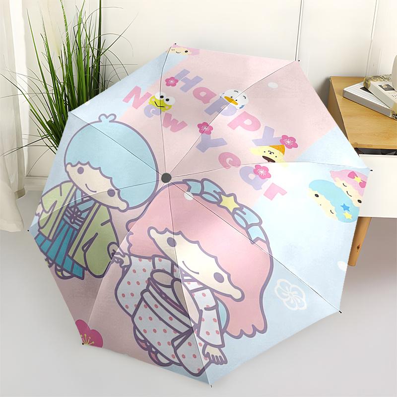 1pc Little Twin Stars Happy New Year Edition Automatic Opening/Closing Umbrella with Convenient Three-Fold Design, 8-Bone Iron Frame, Outdoor Use, Fes