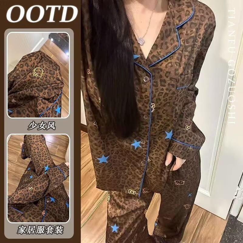 

Amber streamer wind leopard print kt cat pajamas female sweet cartoon explosion long sleeve trousers new loungewear spot M【 35-50kg 】