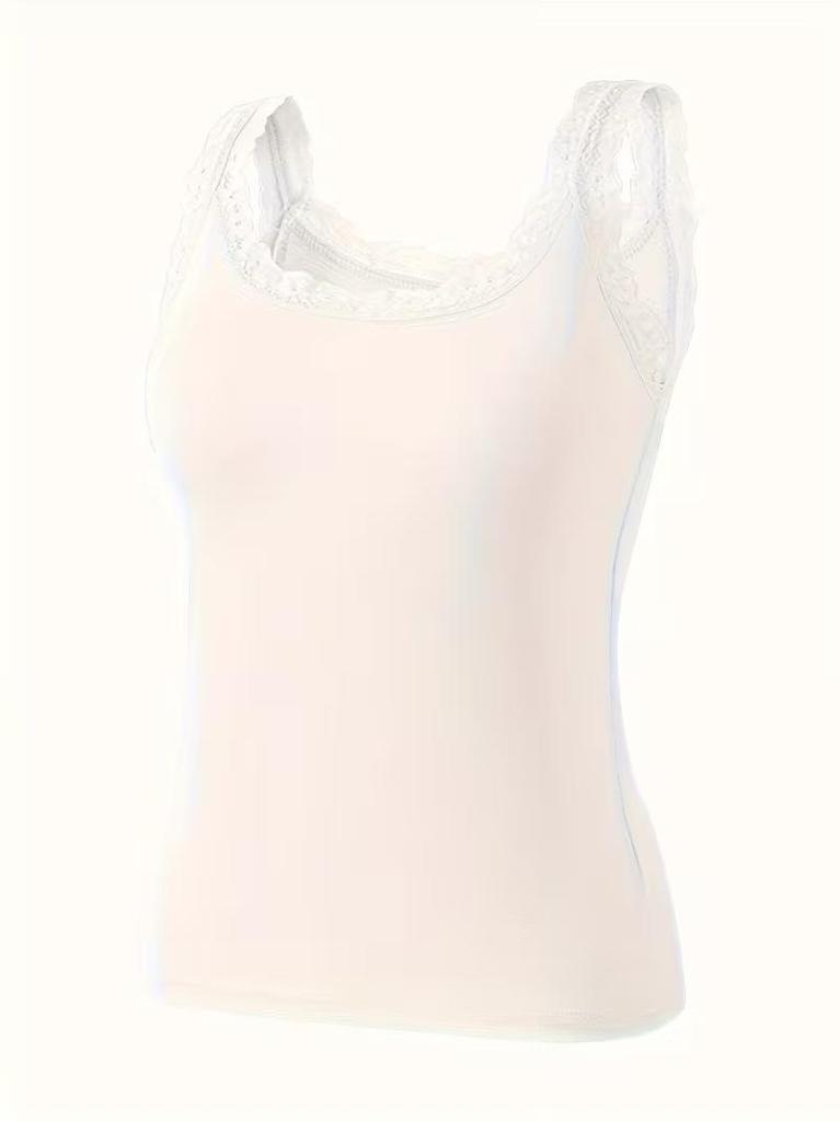 Elegant Lace Trim Women Camisole Solid Color Vest, Lace Patchwork, Round Neck Camisole Women's Top