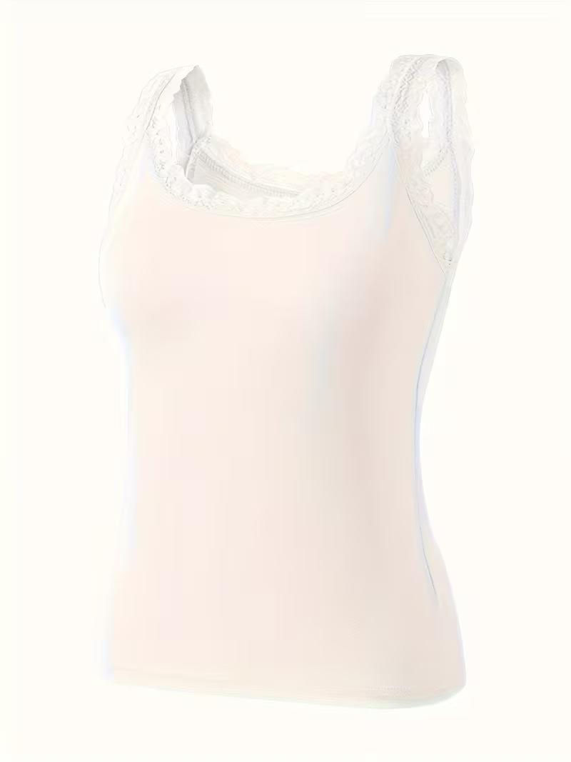 Elegant Lace Trim Women Camisole Solid Color Vest, Lace Patchwork, Round Neck Camisole Women s Top S