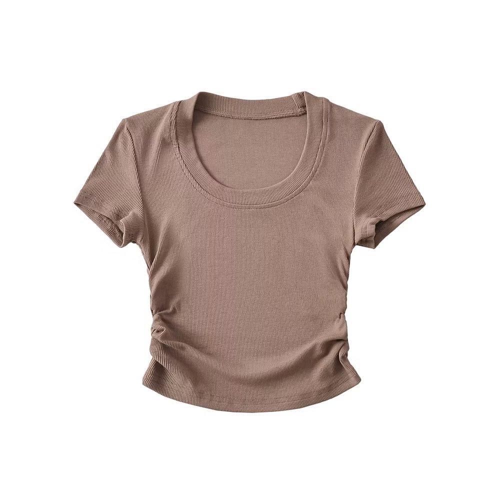 Trendy Women's Round Neck Short Sleeve Side Ruched Bodycon Crop Top