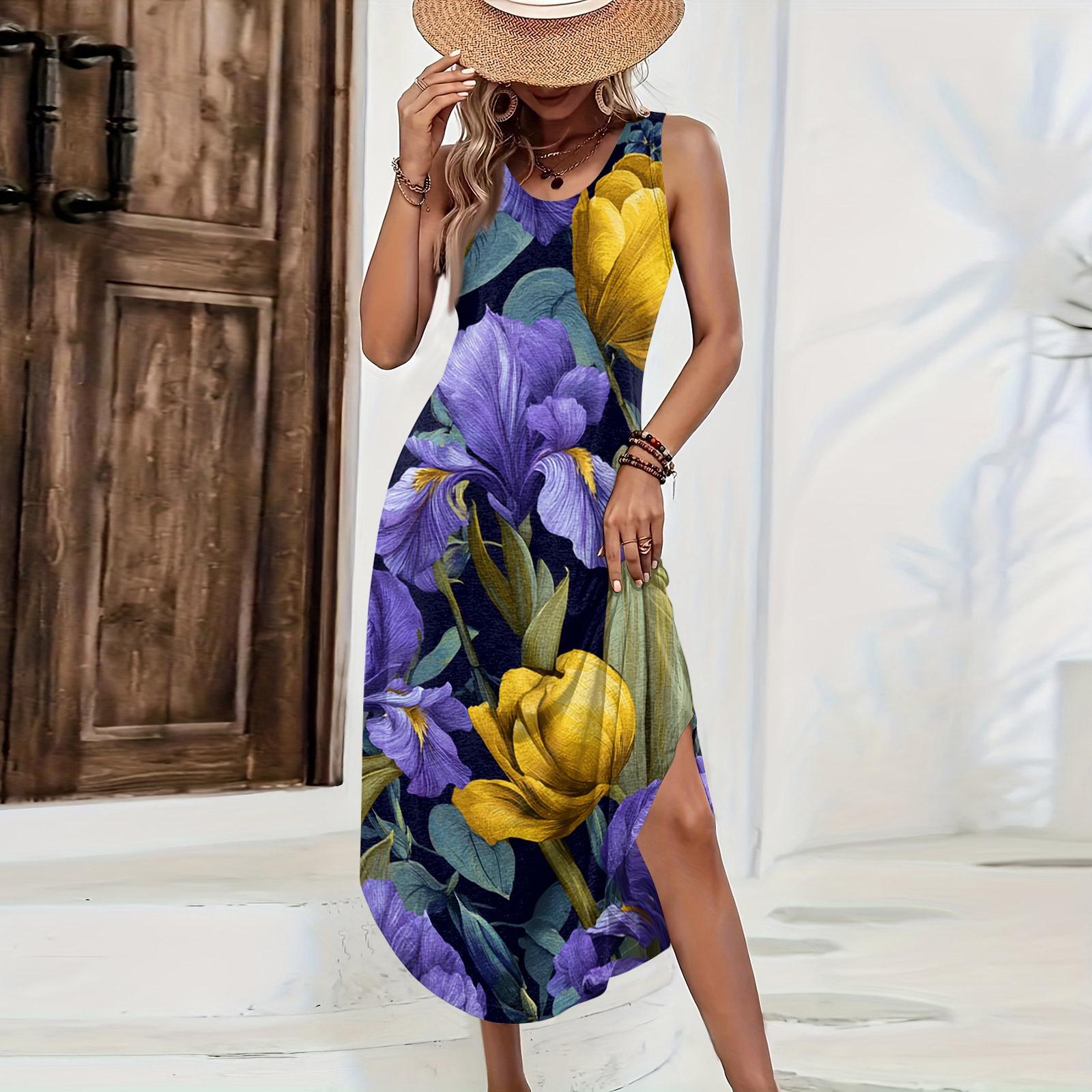 

Women Sleeveless Floral Print Casual Loose Fit Long Dress Side Slit Summer Beach Dress Lightweight Comfortable Maxi Dress XS