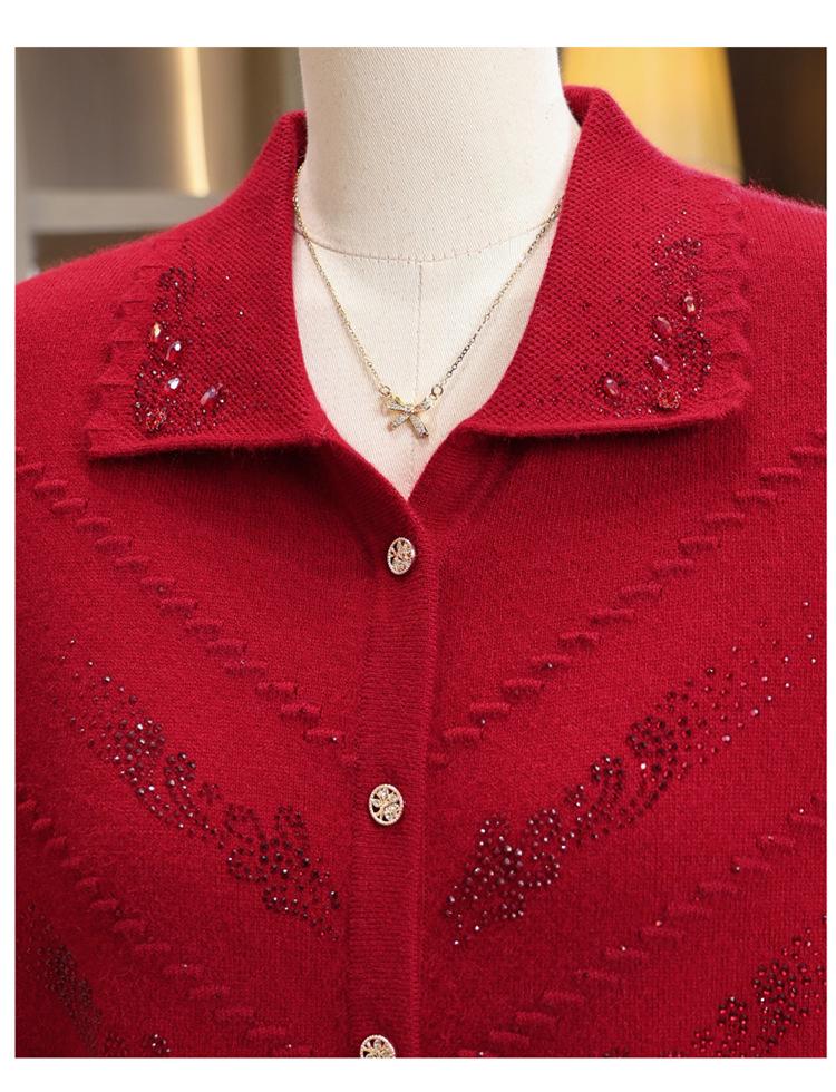 Elderly Women's Pure Wool Knitted Cardigan, Loose Plus Size Outerwear for Spring and Autumn