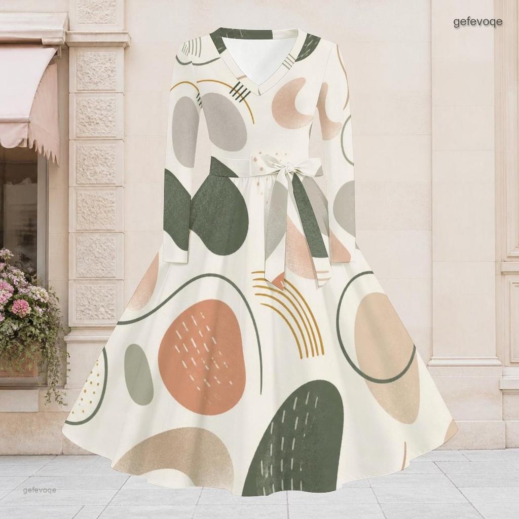 Women Plus Size V Neck Long Sleeve Abstract Printed Belted A Line Flared Midi Dress