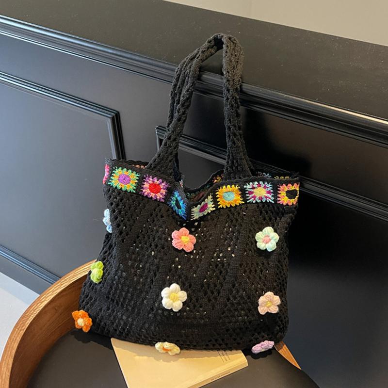 

Yogodlns Small Fresh Woven Bag Women s New Fashionable Shopper Tote Bag Hollow Vacation Beach Bag Travel Bag for Summer 38x7x34cm чорний