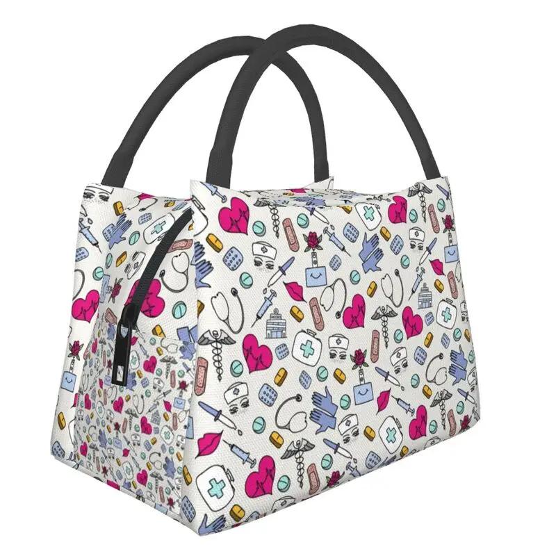 Pink Nurse Life Insulated Lunch Tote Bag for Women Nursing Print Portable Thermal Cooler Bento Box Work Travel Food Bags