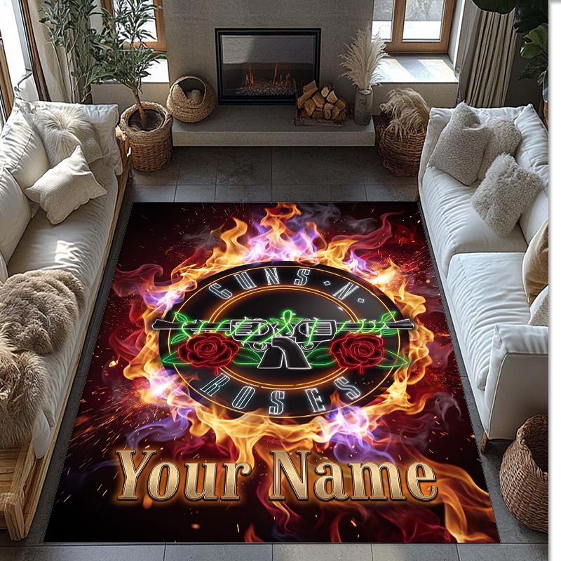 Guns N’ Roses Crystal Velvet Rug, Custom Name Text Personalized Non‑Slip Floor Mat for Home Decor Gift