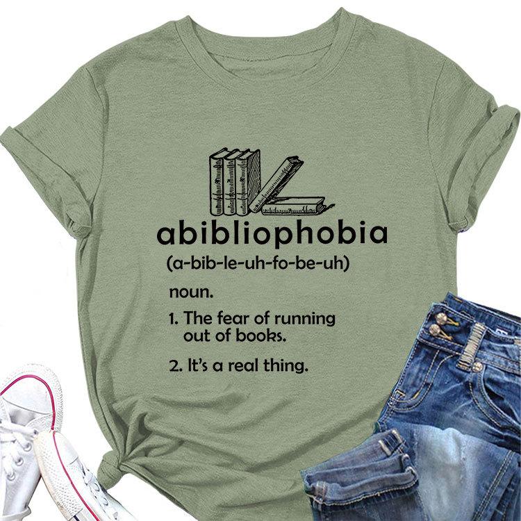 Summer new round neck casual Tshirt abibliophobia book print loose short sleeve top Womens allmatch fashion pullover