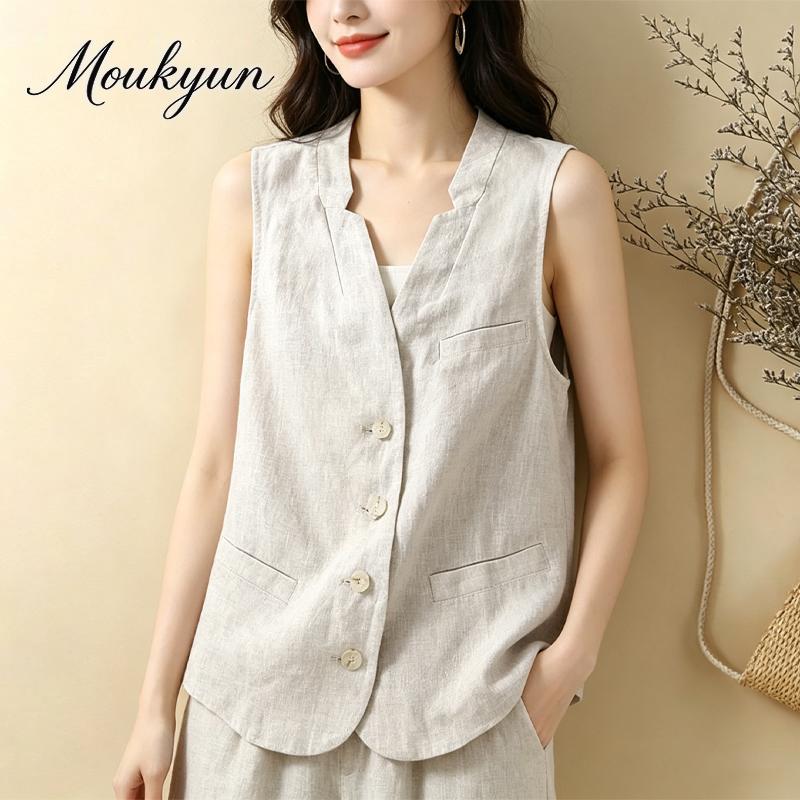 Women Vintage Natural Linen Sleeveless Jacket Ladies Casual Layering Waistcoat