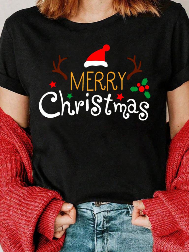 Merry Christmas Tshirt Christmas Hat Antlers Tshirt Fashion White Tee Clothes Print Womens Casual Graphic Short Sleeve Tshirts