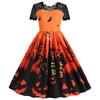 Women's Hepburn-Style Retro Lace Round Neck Short Sleeved Halloween Printed Dress