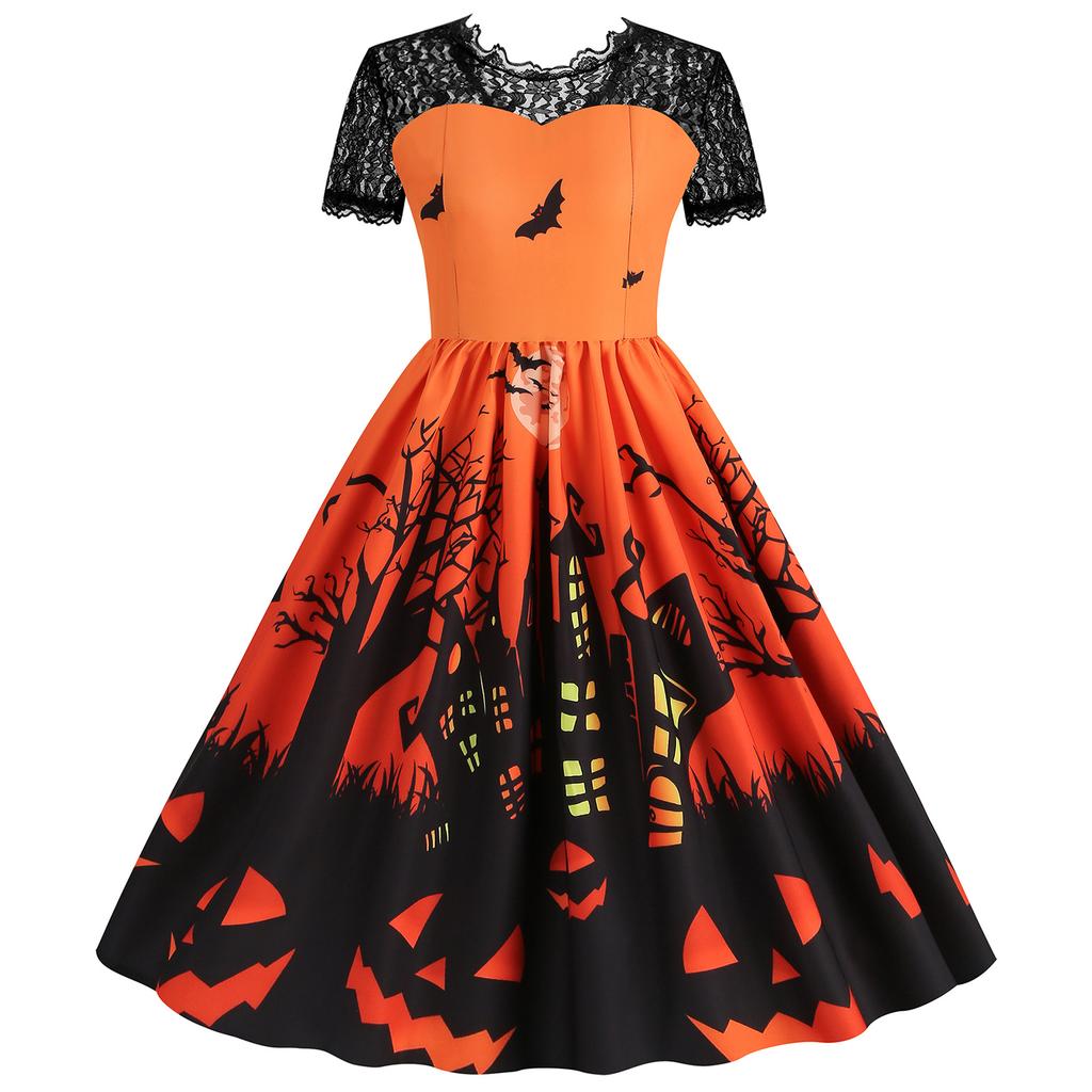 Women's Hepburn-Style Retro Lace Round Neck Short Sleeved Halloween Printed Dress