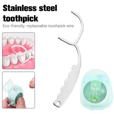 1Pc Portable Stainless Steel Toothpick Set with Floss Roll Reusable Toothpick Floss Teeth Cleaner Oral Cleaning Tools