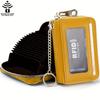 Horizontal RFID Organ Credit Card Holder, Small Leather Zipper Card Case Wallet with Removable Keychain ID Window