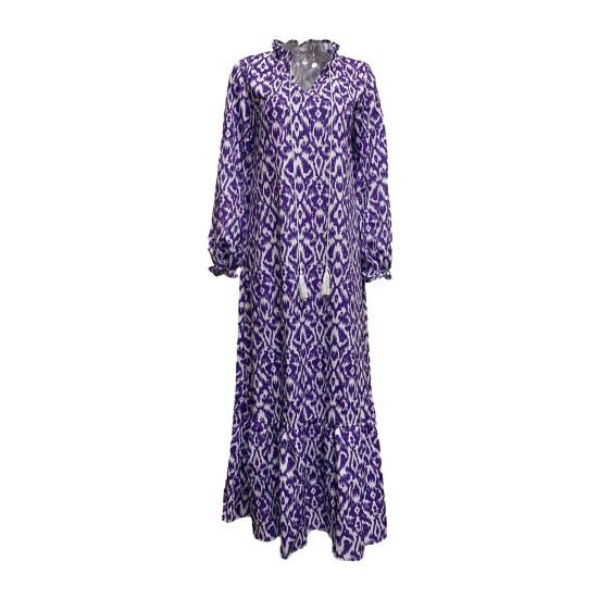 Women Dress Tassel Decor Printed Ruffle A-line Loose Hem Mid Waist Long Sleeve V Neck Soft Ankle Length Bohemian Style Beach Maxi Dress
