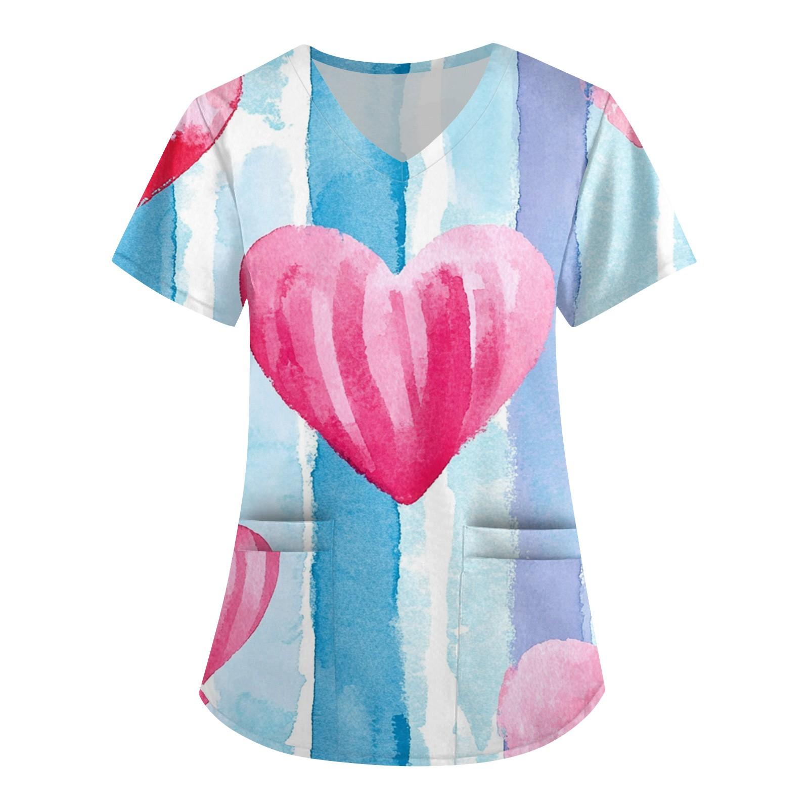 

Женская модная рабочая одежда с V-образным вырезом, короткими рукавами и карманами, с принтом ко Дню святого Валентина S