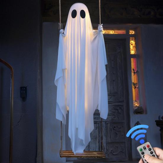5 FT Hanging Swing Ghost Halloween Decoration LED Lighted Outdoor Large White Ghost Swinging Halloween Decor for Yard Tree Front Porch