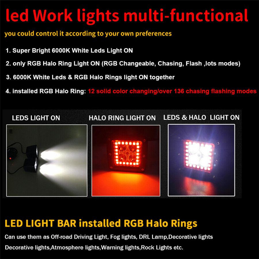 2x 3" Spot Pods LED Work Light RGB Halo Ring Chasing Multi-Color Remote Control