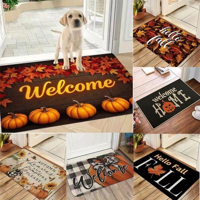 Autumn Theme Door Mat With Pumpkin Maple Leaf Sunflower Patterns Soft Decorative Entryway Rug For Home Indoor Outdoor