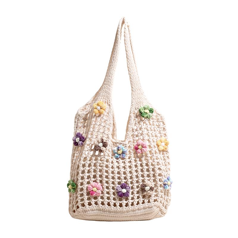 Summer Woven Woven Crochet Mesh Women's Tote Bags Hot Sale Youth Beach Casual Handbag 3D Flower Decoration Handmade Shoulder Bag
