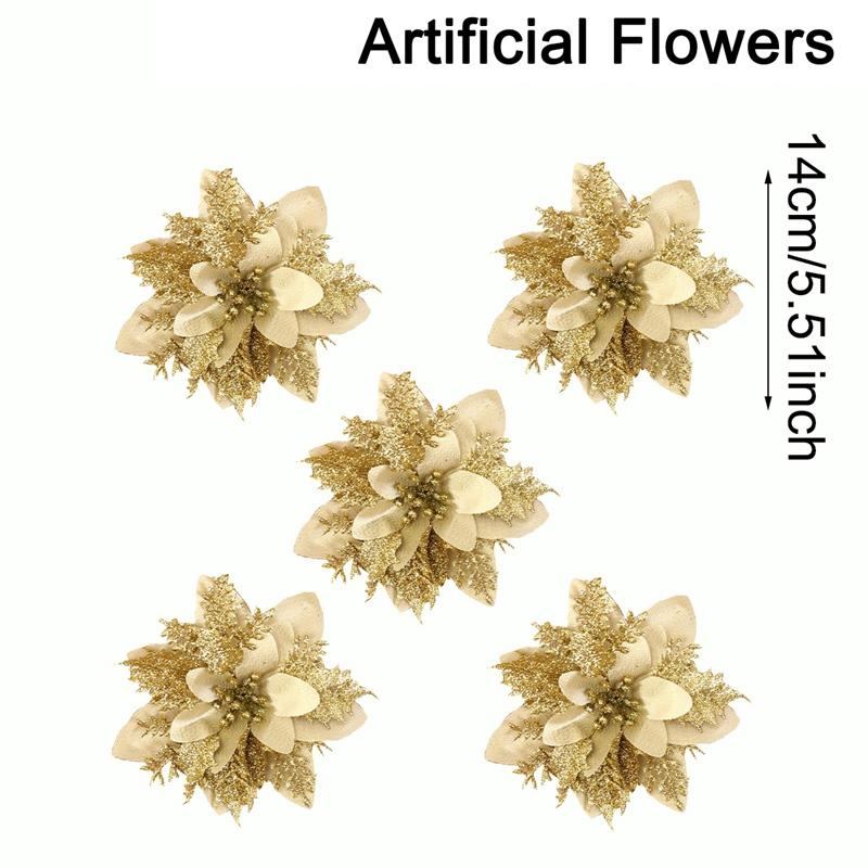 

5/10Pcs Glitter Artificial Christmas Flowers Xmas Tree Ornaments Merry Christmas Decorations for Home 2026 New Year Gift Navidad 5pcs золотой