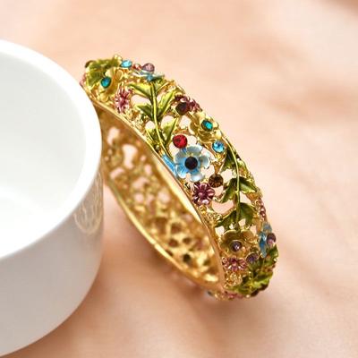 Altın Rengi Cloisonne Vintage Gül Pırlanta Oyuk Bileklik Seyahat Hediyesi.