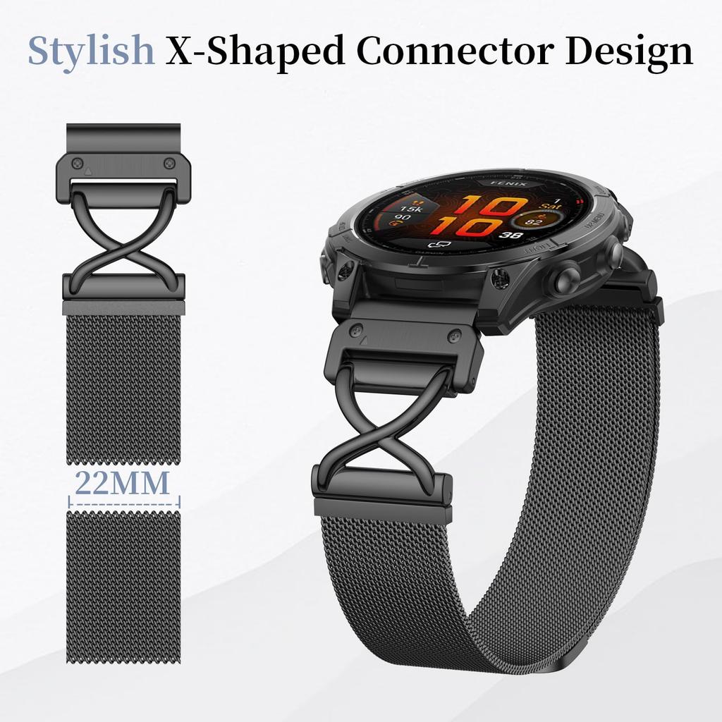 Mailänder Armband für Garmin Fenix 8 47mm/Fenix 7 Pro/Instinct 2 Galvanisierter Edelstahl Magnetisches Uhrenarmband mit X-förmigem Steg