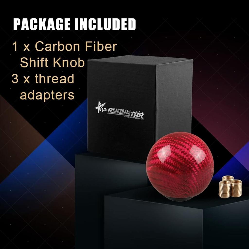 RYANSTAR Carbon Fiber Shift Knob Gear Shifter Knobs With 3 Adapters Round Ball Stick Shifter Level Red