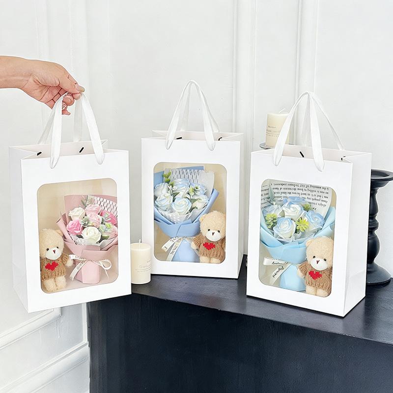 Artificial Rose Soap Flower Bear Bouquet Gift Bag Valentine'S Day Wedding Flower Bouquet Lovers Gifts Finished Producted