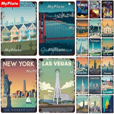 USA Tin Signs Vintage Metal Sign City Plaque Wall Decor for Garage Bar Pub Man Cave Decorative Plate Iron Country Painting