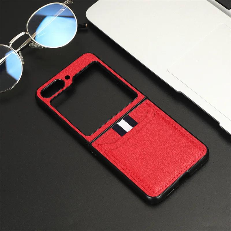 Leather Hard Shell Phone Case for Samsung Galaxy Z Flip 6 5 Flip6 Flip5 Flip4 Flip3 with Card Holde Fall Protection Sleeve Cove