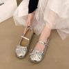 French Flat-bottomed Silver Bow Ballet Light-mouth Single Shoes Women's 2025 Autumn New Mary Jane Soft-soled Small Leather Shoes