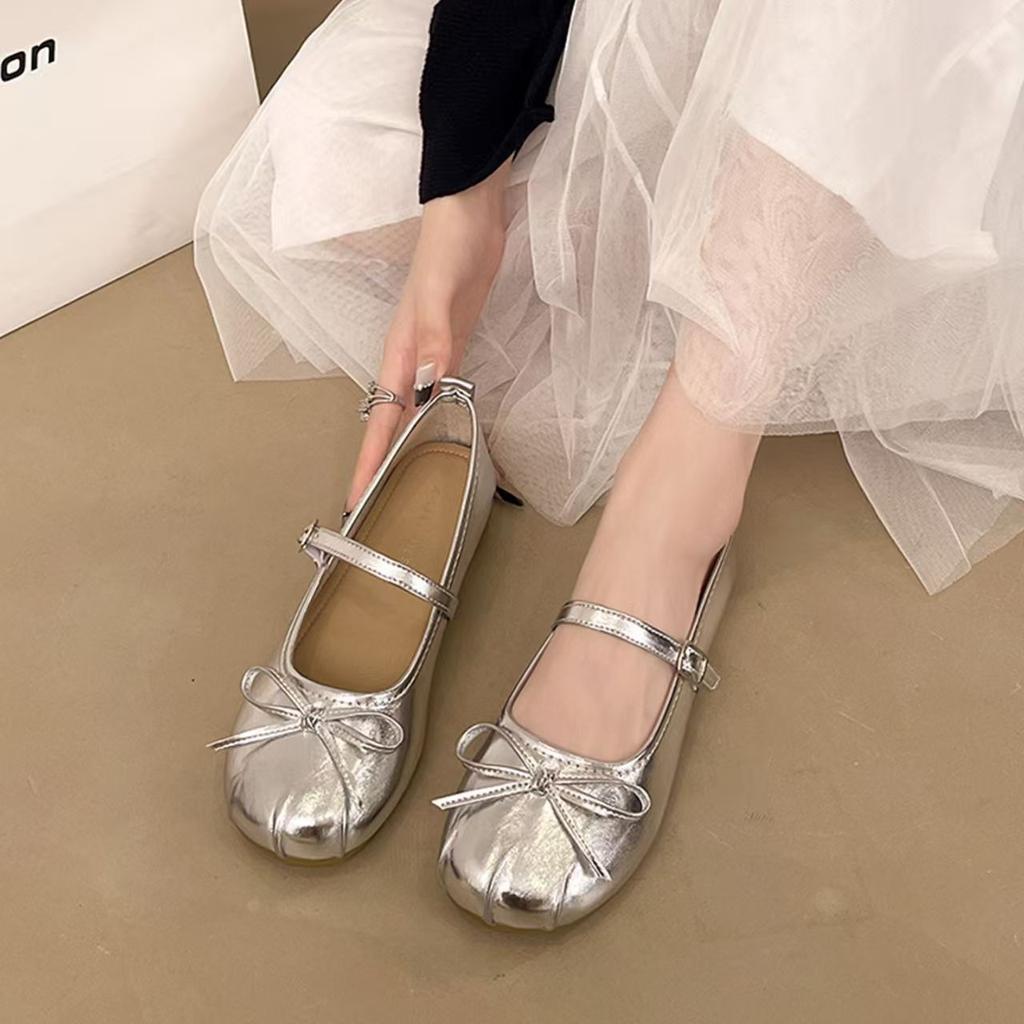 French Flat-bottomed Silver Bow Ballet Light-mouth Single Shoes Women's 2025 Autumn New Mary Jane Soft-soled Small Leather Shoes